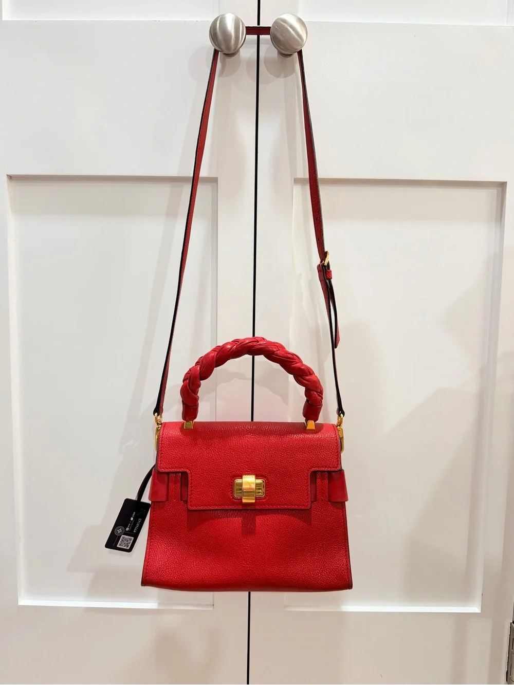 Miu Miu Madras Click Red Goatskin Braided Top Handle Crossbody Satchel Bag